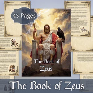 Può includere: Un libro illustrato intitolato "The Book of Zeus" con Zeus sulla copertina, che tiene un bastone e seduto su un trono. Un uccello nero è posato sul suo braccio. Il libro ha 43 pagine, circondato da pagine aggiuntive.