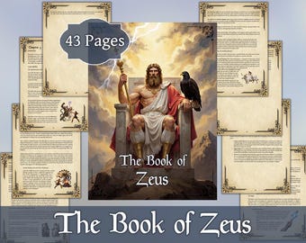 May include: A book titled "The Book of Zeus" with an illustration of Zeus on the cover, holding a staff and seated on a throne. A black bird sits on his arm. The book has 43 pages and is surrounded by additional pages.