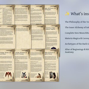 K&ouml;nnte beinhalten: Eine Sammlung offener Buchseiten mit dekorativen R&auml;ndern, die Text und Illustrationen zeigen. Die Seiten sind in einer geschichteten Komposition angeordnet. Der Text auf der rechten Seite lautet "What's inside?" gefolgt von einer Liste von Themen, darunter "The Philosophy of the Void".