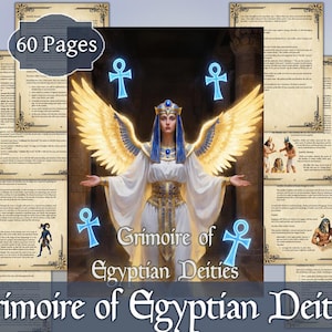 Puede incluir: Un libro de fantasía titulado "Grimorio de Deidades Egipcias" con una ilustración central de una mujer con alas doradas y detalles azules. El libro tiene 60 páginas y presenta símbolos ankh.