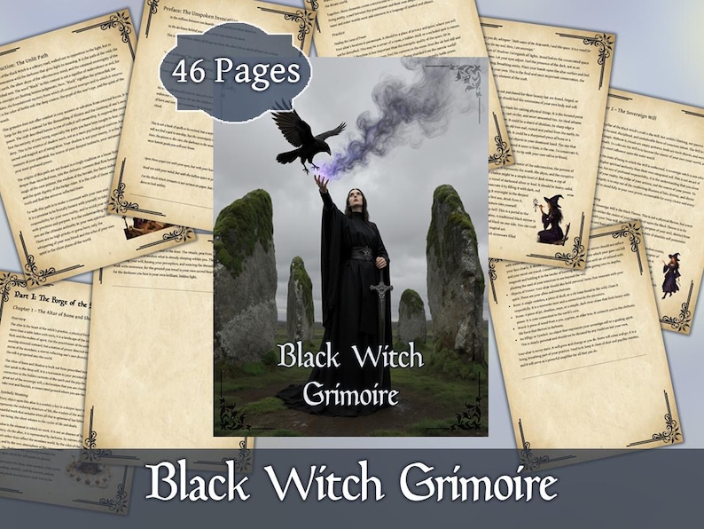 May include: A fantasy book titled "Black Witch Grimoire" with 46 pages. The cover features a person in black robes with a raven and purple smoke. Surrounding the book are several pages with decorative borders and text.