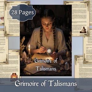 May include: A fantasy-themed image featuring a young person with braids, illuminated by candlelight, working on a stone with a symbol. The image is surrounded by pages with text and decorative borders. The title "Grimoire of Talismans" is displayed.