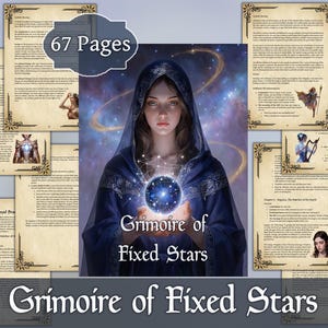Könnte beinhalten: Ein Fantasy-Buch mit dem Titel "Grimoire of Fixed Stars" mit 67 Seiten. Das Cover zeigt eine Frau in einem blauen Kapuzenmantel, die eine leuchtende Kugel hält. Umgeben ist das Cover von Seiten mit Text und Illustrationen, alle mit dekorativen Rändern.