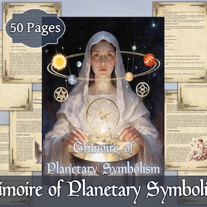 Może przedstawiać: Ilustracja kobiety w białej szacie trzymającej niebiański instrument, otoczonej planetami i symbolami. Obraz zatytułowany "Grimoire of Planetary Symbolism" zawiera tekst "50 stron". Widocznych jest również kilka stron z dekoracyjnymi obramowaniami.