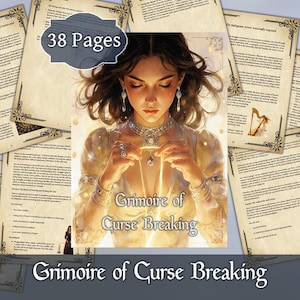 May include: A fantasy-themed book titled "Grimoire of Curse Breaking" with a central illustration of a woman adorned with jewelry. The book is surrounded by several pages with decorative borders and text. The image includes the text "38 Pages".
