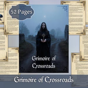 Może przedstawiać: Książka zatytułowana "Grimoire of Crossroads" z kobietą trzymającą klucz pośrodku. Okładka książki zawiera tytuł w białym tekście, ze słowami "52 Strony" w banerze. Wokół głównego obrazu znajdują się strony z dekoracyjnymi obramowaniami.
