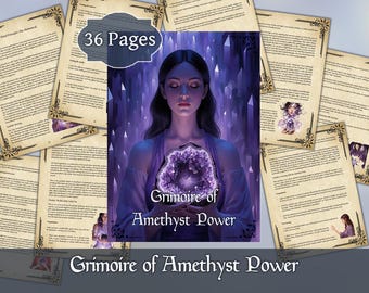 May include: A fantasy book titled "Grimoire of Amethyst Power" with a woman holding a large amethyst crystal. The cover art is a digital painting in shades of purple. The book has 36 pages and is surrounded by other pages with text and decorative borders.