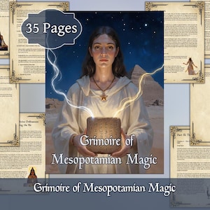 Puede incluir: Ilustración de una mujer sosteniendo una tableta de piedra brillante, con el texto "Grimoire of Mesopotamian Magic". La imagen presenta un cielo estrellado y pirámides en el fondo. Las palabras "35 Pages" también son visibles.