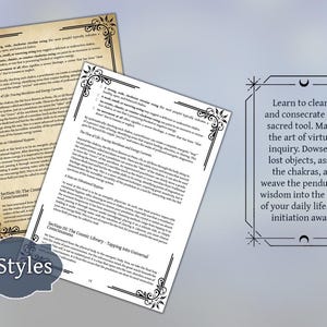 May include: Two printed pages with text and decorative borders, one aged and one white. The text includes instructions on using a pendulum for spiritual practices. A graphic reads "2 Styles". A framed text box reads "Learn to cleanse and consecrate your sacred tool."