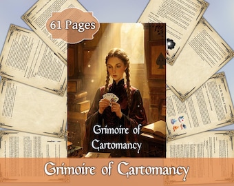 May include: An illustration of a woman holding playing cards, with the text "Grimoire of Cartomancy." The image is surrounded by pages with decorative borders, and the text "61 Pages" is displayed. The overall theme is related to divination and fortune telling.