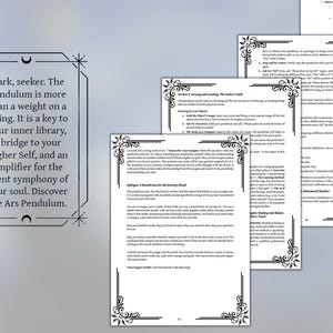 May include: A stack of printed pages with decorative borders and text. The text includes the phrase "Hark, seeker. The pendulum is more than a weight on a string." The pages are arranged on a light gray background.