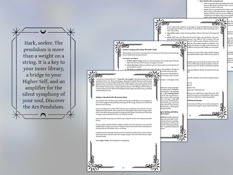 May include: A stack of printed pages with decorative borders and text. The text includes the phrase "Hark, seeker. The pendulum is more than a weight on a string." The pages are arranged on a light gray background.