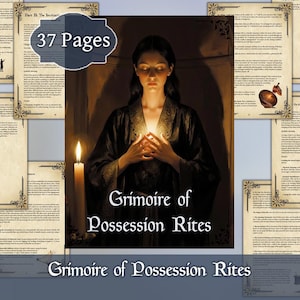 May include: A digital grimoire with the title "Grimoire of Possession Rites" is displayed, featuring a woman with a candle. The image includes pages with text and decorative borders, and a banner stating "37 Pages".