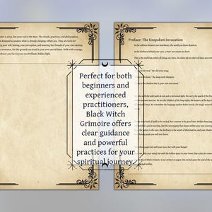 May include: Two-page spread of a Black Witch Grimoire with decorative borders. The text reads "Perfect for both beginners and experienced practitioners, Black Witch Grimoire offers clear guidance and powerful practices for your spiritual journey."