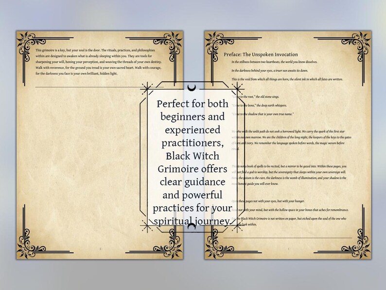 May include: Two-page spread of a Black Witch Grimoire with decorative borders. The text reads "Perfect for both beginners and experienced practitioners, Black Witch Grimoire offers clear guidance and powerful practices for your spiritual journey."