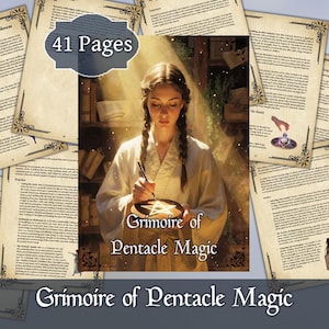 Könnte beinhalten: Ein Buch mit dem Titel "Grimoire of Pentacle Magic" mit 41 Seiten. Das zentrale Bild zeigt eine Frau, die ein Pentakel zeichnet. Die Seiten haben dekorative Ränder und Text. Das Buch ist von anderen Seiten umgeben.