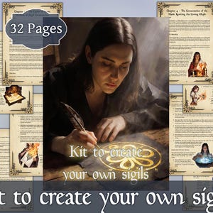 Könnte beinhalten: Ein Set zur Erstellung von Sigillen, das eine Person mit einer Feder schreibt, zeigt. Das Bild enthält Seiten mit Text und Illustrationen, mit dem Text "Kit to create your own sigils" und "32 Pages". Das Thema ist Magie und Handwerk.