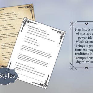 May include: Two pages of a grimoire, one aged and one white, with ornate corner designs. Text reads "Preface: The Unspoken Invocation." A graphic states "Step into a world of mystery and power. Black Witch Grimoire brings together timeless magical traditions in one comprehensive digital volume."