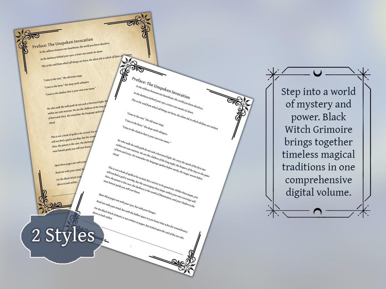 May include: Two pages of a grimoire, one aged and one white, with ornate corner designs. Text reads "Preface: The Unspoken Invocation." A graphic states "Step into a world of mystery and power. Black Witch Grimoire brings together timeless magical traditions in one comprehensive digital volume."