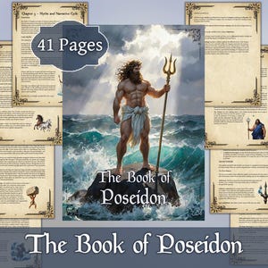 May include: The Book of Poseidon, a 41-page book featuring an illustration of the Greek god Poseidon holding a trident, standing on a rock in the ocean. The book's pages have decorative borders and text. The title is displayed prominently.