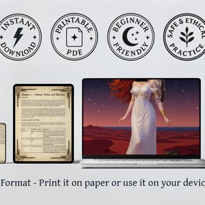 K&ouml;nnte beinhalten: Ein digitales Produkt, das auf einem Laptop, Tablet und Telefon angezeigt wird. Der Laptop-Bildschirm zeigt eine Frau in einem wei&szlig;en Kleid vor einer W&uuml;stenkulisse. Das Tablet zeigt ein Dokument mit Text und dekorativen R&auml;ndern. Vier runde Symbole mit Text.