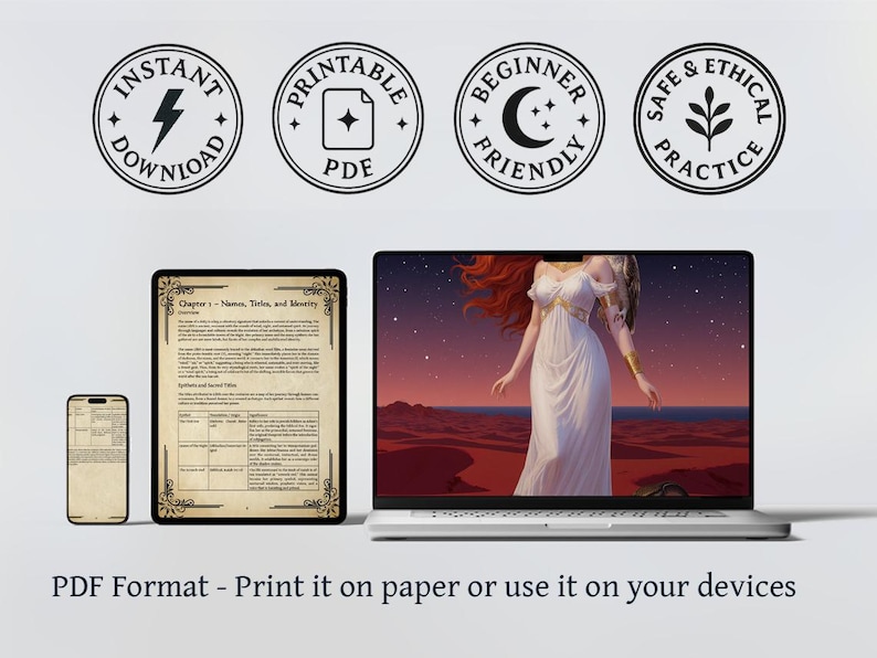 K&ouml;nnte beinhalten: Ein digitales Produkt, das auf einem Laptop, Tablet und Telefon angezeigt wird. Der Laptop-Bildschirm zeigt eine Frau in einem wei&szlig;en Kleid vor einer W&uuml;stenkulisse. Das Tablet zeigt ein Dokument mit Text und dekorativen R&auml;ndern. Vier runde Symbole mit Text.