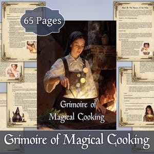 Pode incluir: Ilustração de um livro de receitas intitulado "Grimoire of Magical Cooking" com 65 páginas. A capa apresenta uma mulher mexendo em um caldeirão. As páginas têm bordas decorativas e ilustrações.