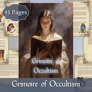 Op de afbeelding: Illustratie van een vrouw die een open boek vasthoudt met de titel "Grimoire of Occultism". De afbeelding heeft een zachte, schilderachtige stijl met een mystiek thema. Het boek heeft sierlijke details en de tekst "41 Pages" is zichtbaar.