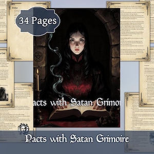 Può includere: Un grimorio digitale intitolato "Pacts with Satan Grimoire" con una donna in un abito rosso scuro che tiene in mano un libro aperto. L'immagine include il testo "34 Pagine" e un simbolo di pentagramma. Il tema generale è occulto e fantasy.