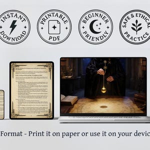 May include: Digital download image featuring a laptop, tablet, and phone displaying a document. The image includes circular icons with text: "Instant Download," "Printable PDF," "Beginner Friendly," and "Safe & Ethical Practice." Text at the bottom reads "PDF Format - Print it on paper or use it on your devices."