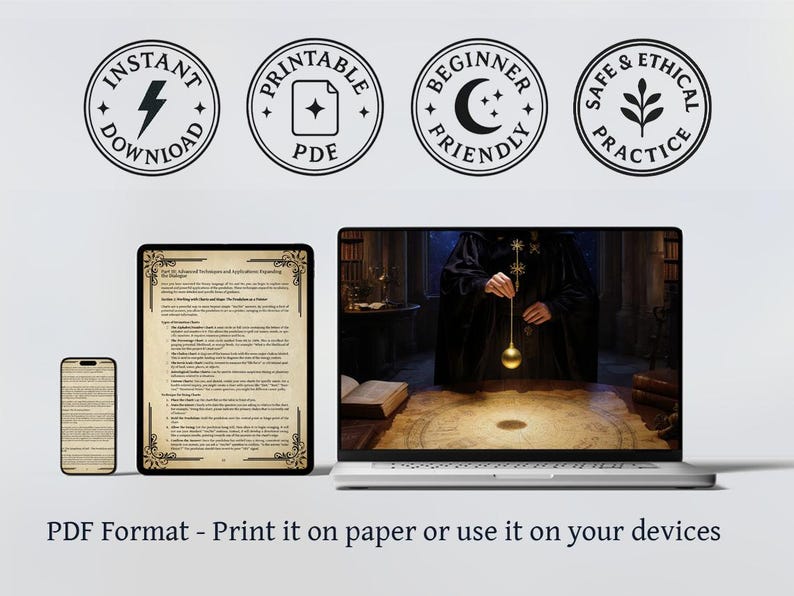 May include: Digital download image featuring a laptop, tablet, and phone displaying a document. The image includes circular icons with text: "Instant Download," "Printable PDF," "Beginner Friendly," and "Safe & Ethical Practice." Text at the bottom reads "PDF Format - Print it on paper or use it on your devices."