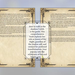 K&ouml;nnte beinhalten: Ein aufgeschlagenes Buch mit dekorativen Eckdesigns, das Text &uuml;ber Lilith enth&auml;lt. Eine zentrale &Uuml;berlagerung lautet: "Wage es, im Schatten zu wandeln? Lilith ist der F&uuml;hrer." Das Buch erforscht Liliths Rolle als F&uuml;hrerin.