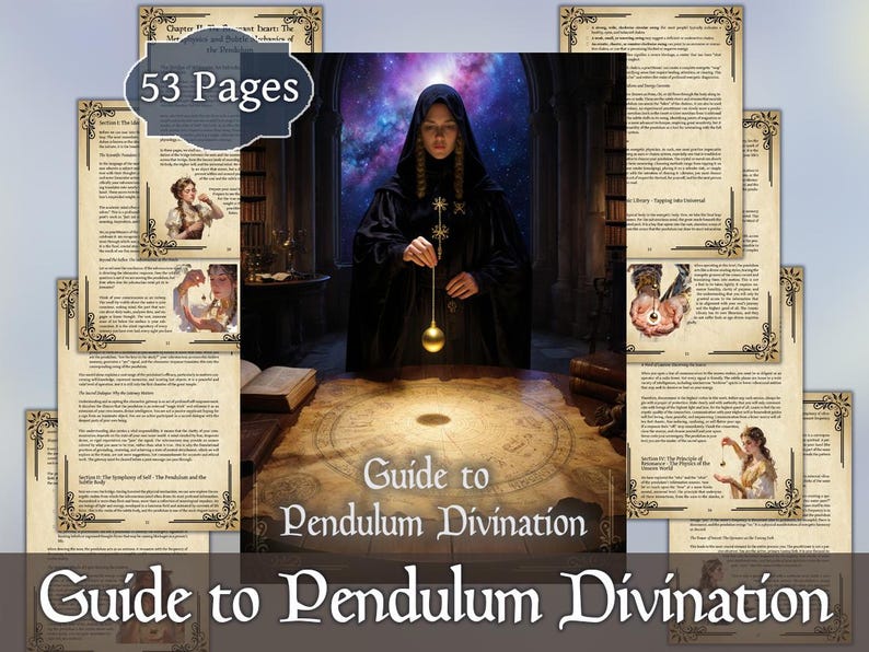May include: A guide to pendulum divination with 53 pages. The cover features a person in a black hooded cloak holding a pendulum. The background shows a cosmic scene. The title is displayed in elegant script.