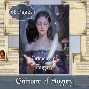 Puede incluir: Portada de libro de fantasía "Grimoire of Augury" con una mujer y un cuervo, sosteniendo una pluma y una piedra. El libro tiene 68 páginas, rodeado de páginas con texto e ilustraciones.