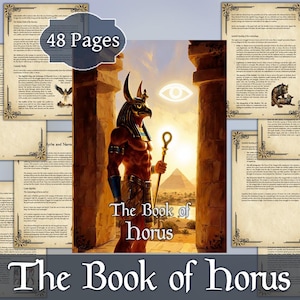 Puede incluir: Un libro titulado "The Book of Horus" con una ilustración de una deidad egipcia sosteniendo un bastón, con una pirámide de fondo. El libro tiene 48 páginas y está rodeado de páginas con bordes decorativos.