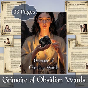 Pode incluir: Um grimório digital intitulado "Grimoire of Obsidian Wards" com 33 páginas. A capa apresenta uma mulher segurando uma pedra preta brilhante. Páginas com texto e ilustrações circundam a imagem central, com bordas decorativas.