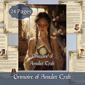 May include: A digital grimoire titled "Grimoire of Amulet Craft" with 24 pages. The cover art features a woman holding a glowing stone with a spiral design. The background includes a window, shelves with crystals, and text.