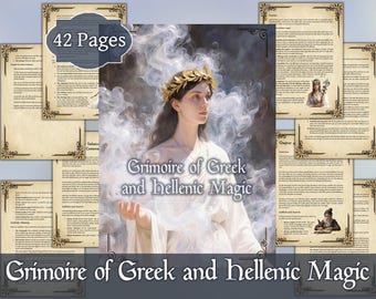 May include: A grimoire titled "Grimoire of Greek and Hellenic Magic" with 42 pages. The cover features a woman with a laurel wreath, surrounded by ethereal smoke. Pages with decorative borders are visible, suggesting a themed book.