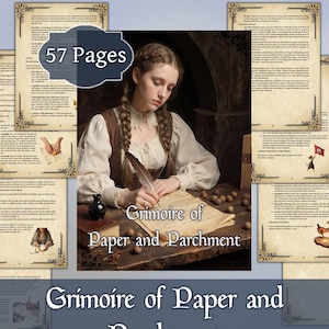 May include: An image of a woman writing with a quill on parchment, surrounded by pages with decorative borders. The text "Grimoire of Paper and Parchment" is visible, along with a label stating "57 Pages". The scene evokes a vintage, fantasy theme.