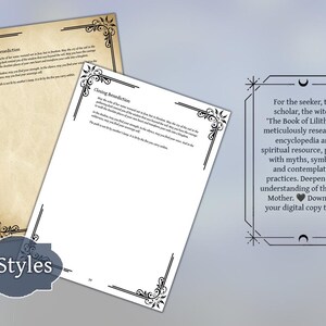 K&ouml;nnte beinhalten: Zwei Textseiten, eine gealtert und eine wei&szlig;, mit verzierten schwarzen Eckdesigns. Der Text lautet "Closing Benediction". Eine gerahmte Beschreibung bewirbt "The Book of Lilith", eine Enzyklop&auml;die mit Mythen und Symbolen. Ein Banner zeigt "2 Styles."