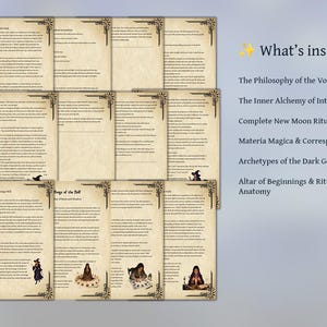 May include: A collection of aged-looking pages with ornate borders, featuring text and illustrations. The text includes titles like "The Philosophy of the Void" and "Complete New Moon Rituals." The pages are arranged on a light blue background.