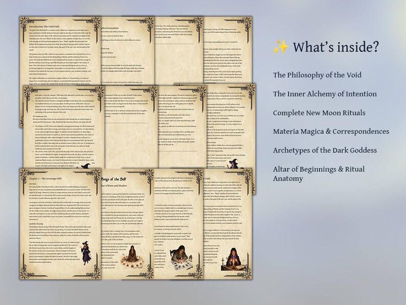May include: A collection of aged-looking pages with ornate borders, featuring text and illustrations. The text includes titles like "The Philosophy of the Void" and "Complete New Moon Rituals." The pages are arranged on a light blue background.