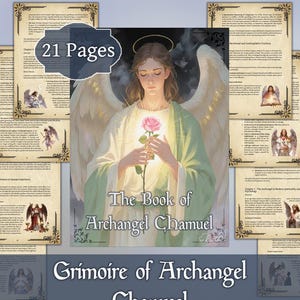 Puede incluir: Portada de libro con el título "The Book of Archangel Chamuel" y las palabras "Grimoire of Archangel Chamuel" en la parte inferior. La portada presenta una ilustración de un ángel sosteniendo una rosa rosa. El libro tiene 21 páginas.