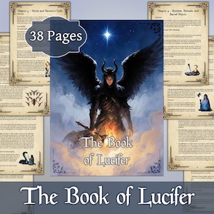 Puede incluir: El Libro de Lucifer, un libro de fantasía de 38 páginas, presenta una ilustración dramática de una figura alada con cuernos, de pie entre llamas. El título del libro se muestra de forma destacada, con páginas adicionales visibles.