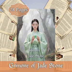 Peut inclure: Couverture de livre intitulée "Grimoire of Jade Stone" avec le texte "28 Pages". La couverture présente une femme en robe verte tenant une gemme verte. Des pages avec du texte et des bordures décoratives entourent la couverture.