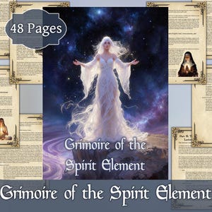 Op de afbeelding: Een fantasyboek getiteld "Grimoire of the Spirit Element" met een hemelse achtergrond. De omslag toont een vrouw in een witte jurk. Het boek is 48 pagina's lang en heeft decoratieve paginaranden.