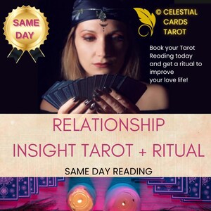 May include: An image promoting tarot card readings. The text reads "Celestial Cards Tarot" and "Relationship Insight Tarot + Ritual". The image features a person holding tarot cards, with candles and cards in the foreground.