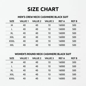 May include: A black and white size chart titled SIZE CHART. It lists specifications for a crew neck cashmere black suit and a round neck cashmere black suit, detailing sizes M through 4XL with columns for Value 1, Value 2, Value 3, Ref A, and Ref B.