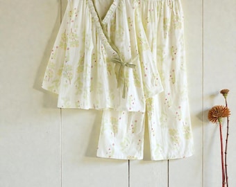 Floral Cotton Pajama Set for Women, Lightweight Kimono Top & Wide Leg Pants, Spring Summer Loungewear Gift