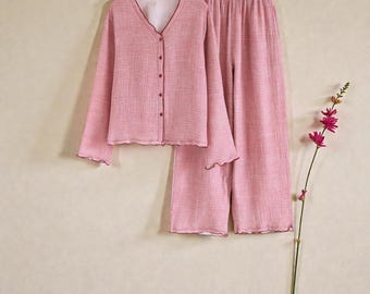 Pink Cotton Pajama Set Women Spring Summer Lounge Wear Soft Button Sleepwear Bridal Shower